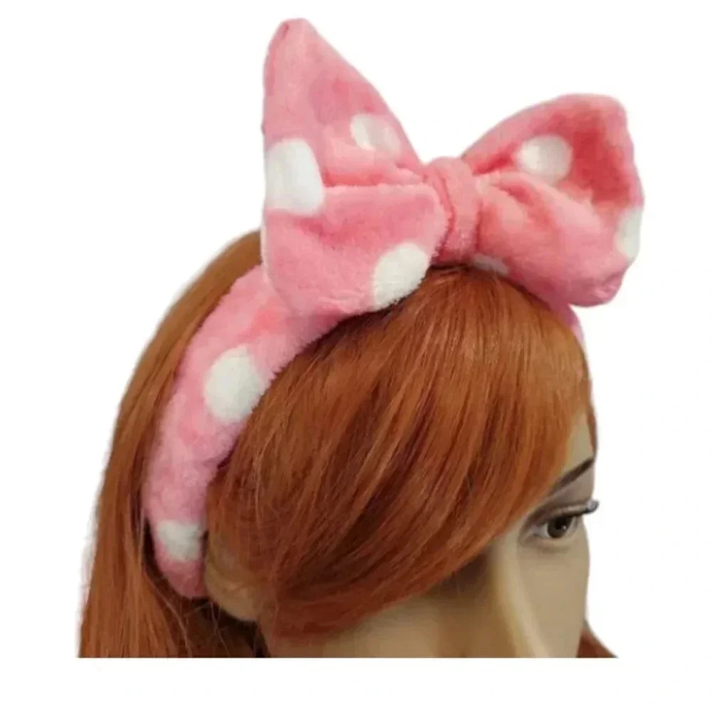 Pink and White Polka Dot- Super Plush Elastic Bow Spa Headband.